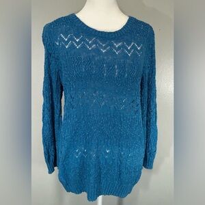 Jones New York Teal Open-Knit Crewneck Sweater
